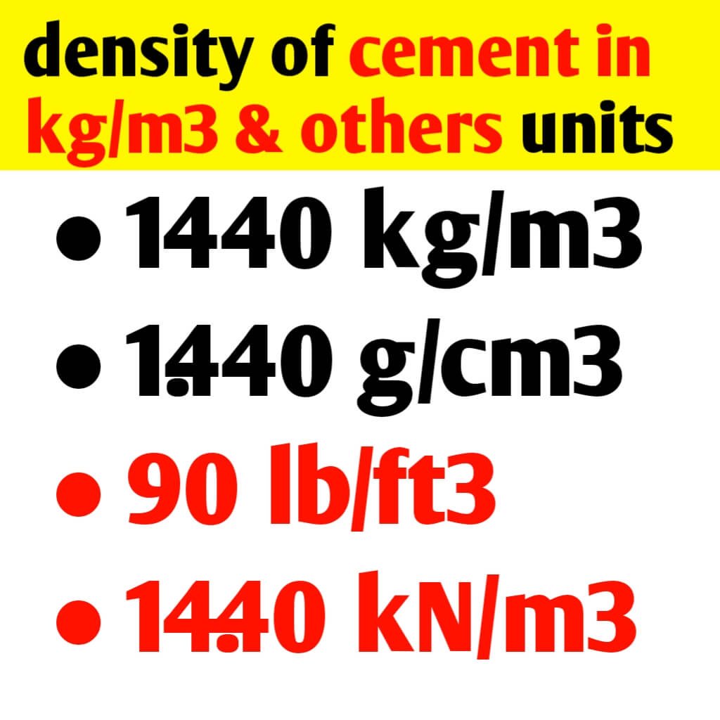 Density of cement in kg/m3 & others unit