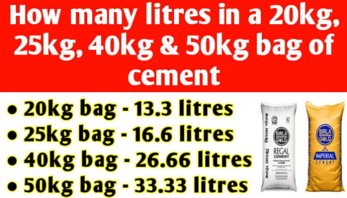 How many litres in a 20kg, 25kg and 50kg bag of cement