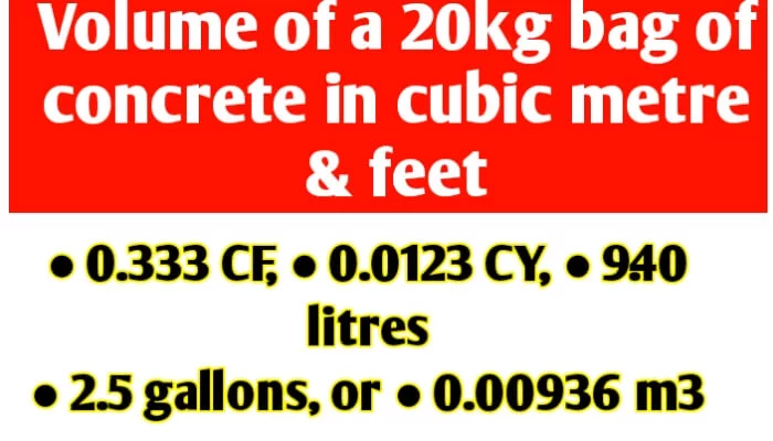 Volume of a 20kg bag of concrete in cubic metre & cubic feet