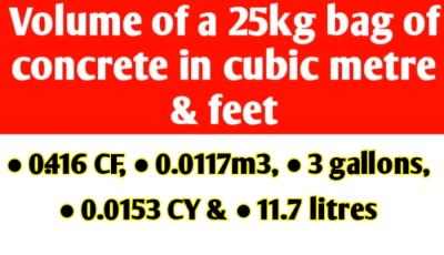 Volume of a 25kg bag of ready mix concrete in cubic metre & feet