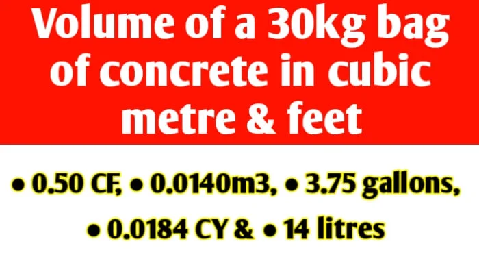 Volume of a 30kg bag of ready mix concrete in cubic metre & feet