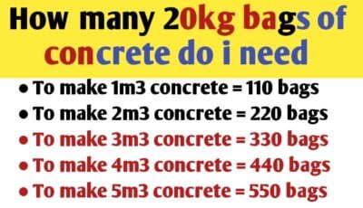 You will need 110 bags of 20kg concrete to make 1m3 of concrete, for 2m3 concrete 220 bags of will be required and to make 5 cubic metres of concrete you will need 550 bags of 20kg concrete