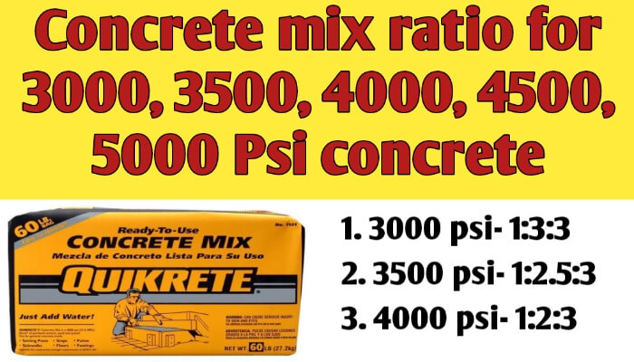Concrete mix ratio for 3000, 3500, 4000, 4500, 5000 Psi concrete