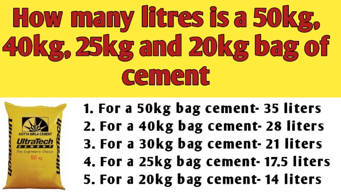 How many litres is a 50kg, 40kg, 25kg and 20kg bag of cement